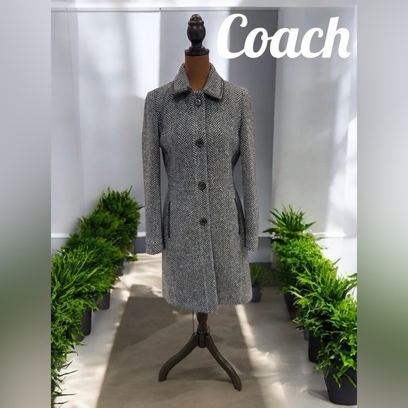 Coach Blue Herringbone Wool & Leather Trim Trench Coat with Silk Lining XS EUC - Picture 1 of 15